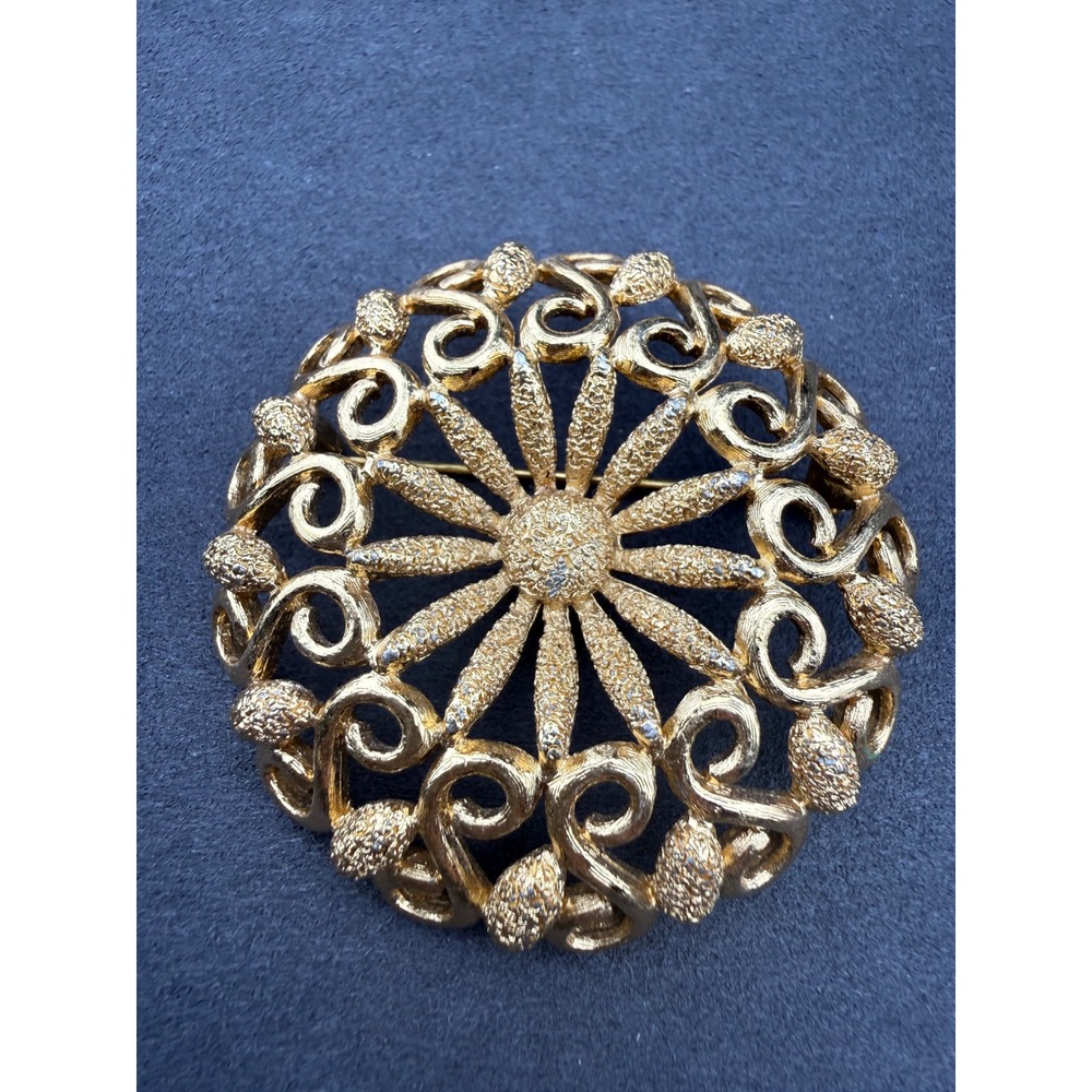 Monet Brooch Gold Tone Textured Filigree Openwork Round Pin Retro 60s